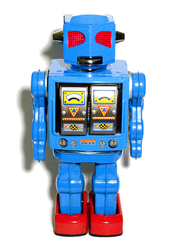 A classic sixties-era retro-style die-cast metal toy robot, designed and made in japan