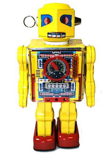 A classic sixties-era retro-style diecast metal toy robot, with fluctuating meters and a rotating antenna