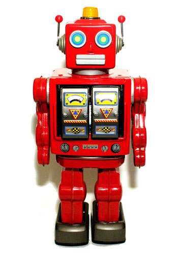 A classic sixties-era retro-style diecast metal toy robot, made in japan