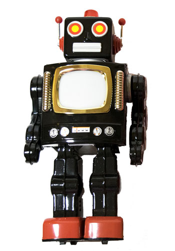 A classic sixties-era retro-style diecast metal toy robot, made in japan