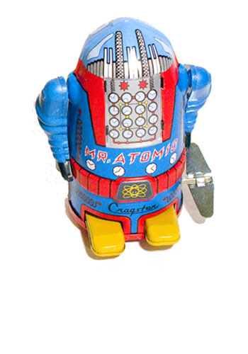 A small-size, classic sixties-era retro-design diecast metal toy robot, made in japan