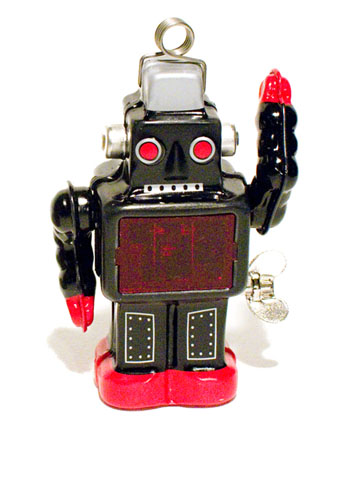 A small-size, classic sixties-era retro-design diecast metal toy robot, made in japan