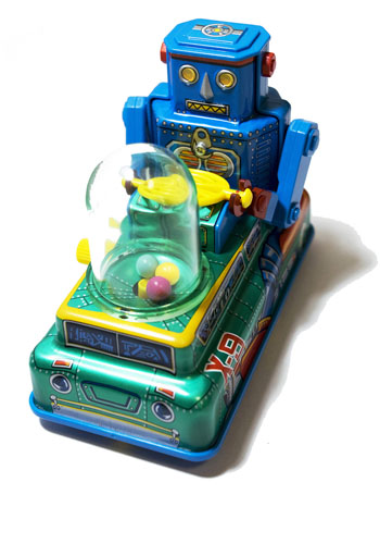 A miniature wind-up version of a classic 1950s hybrid robot-car-spaceship from Japan
